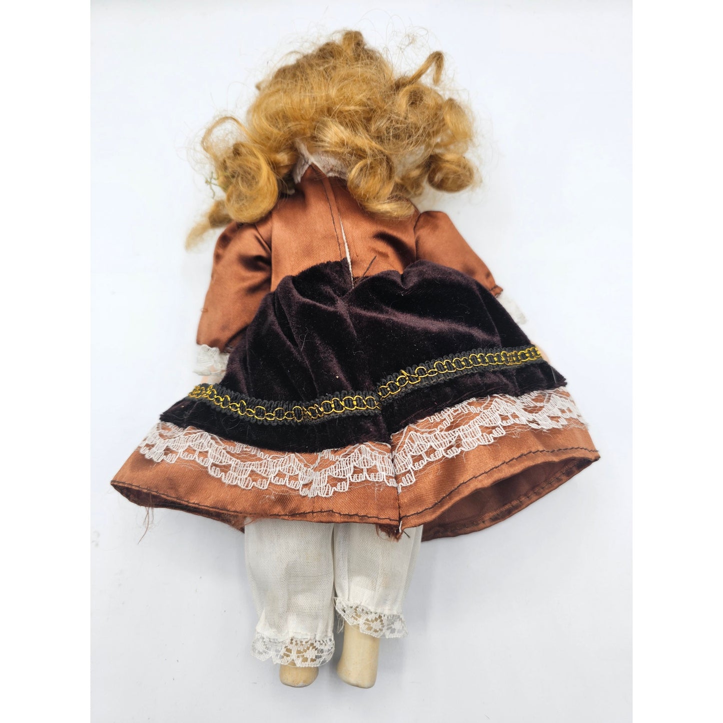 Vintage 1990s Small Porcelain Doll Black Gold Velvet Dress Strawberry Blonde