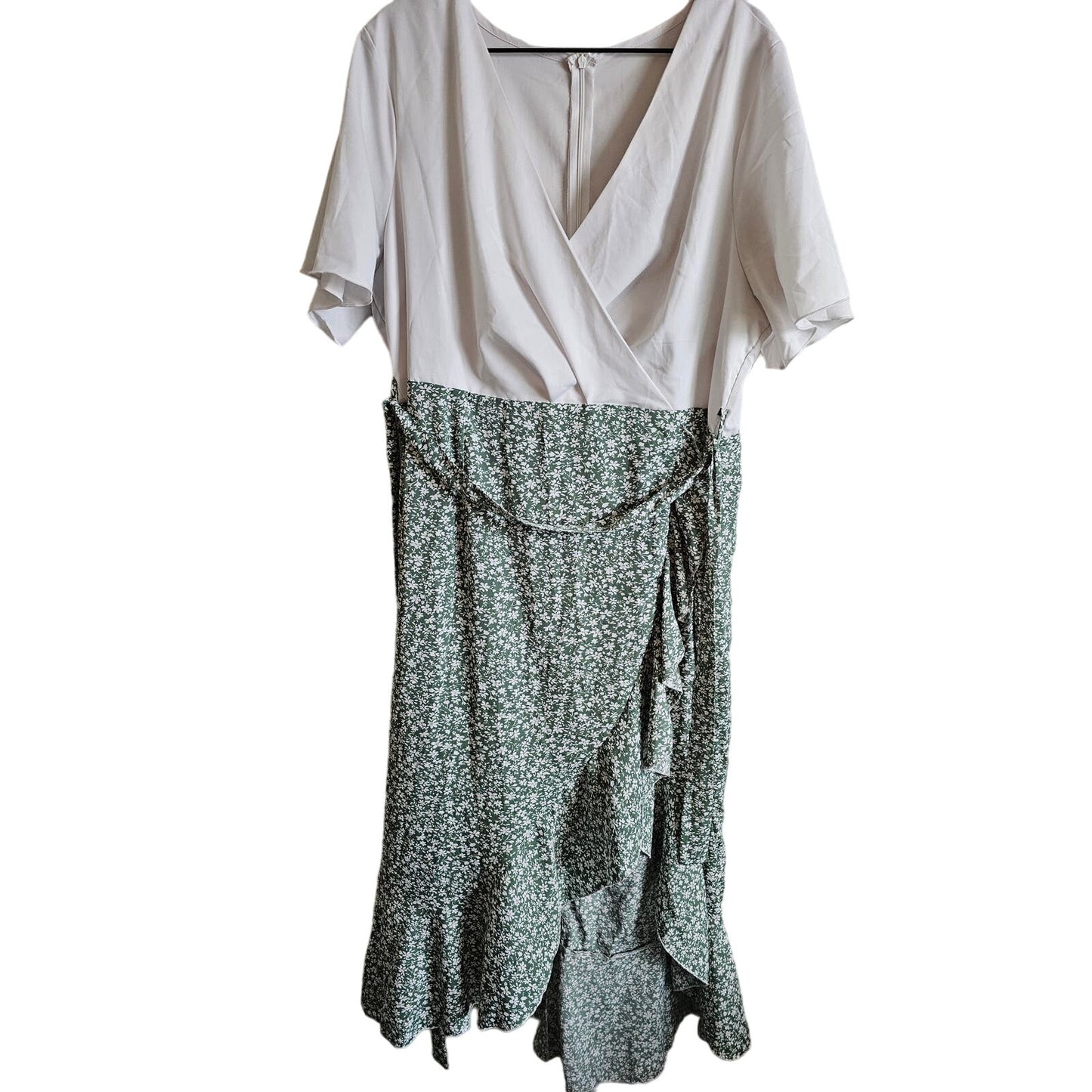 Shein Womens Sz XXL High Low Hem Tie Waist Dress White Green Floral