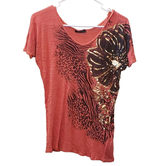 Vintage Y2K deb Womens Sz M Short sleeve T Shirt Pink Gold Animal Print