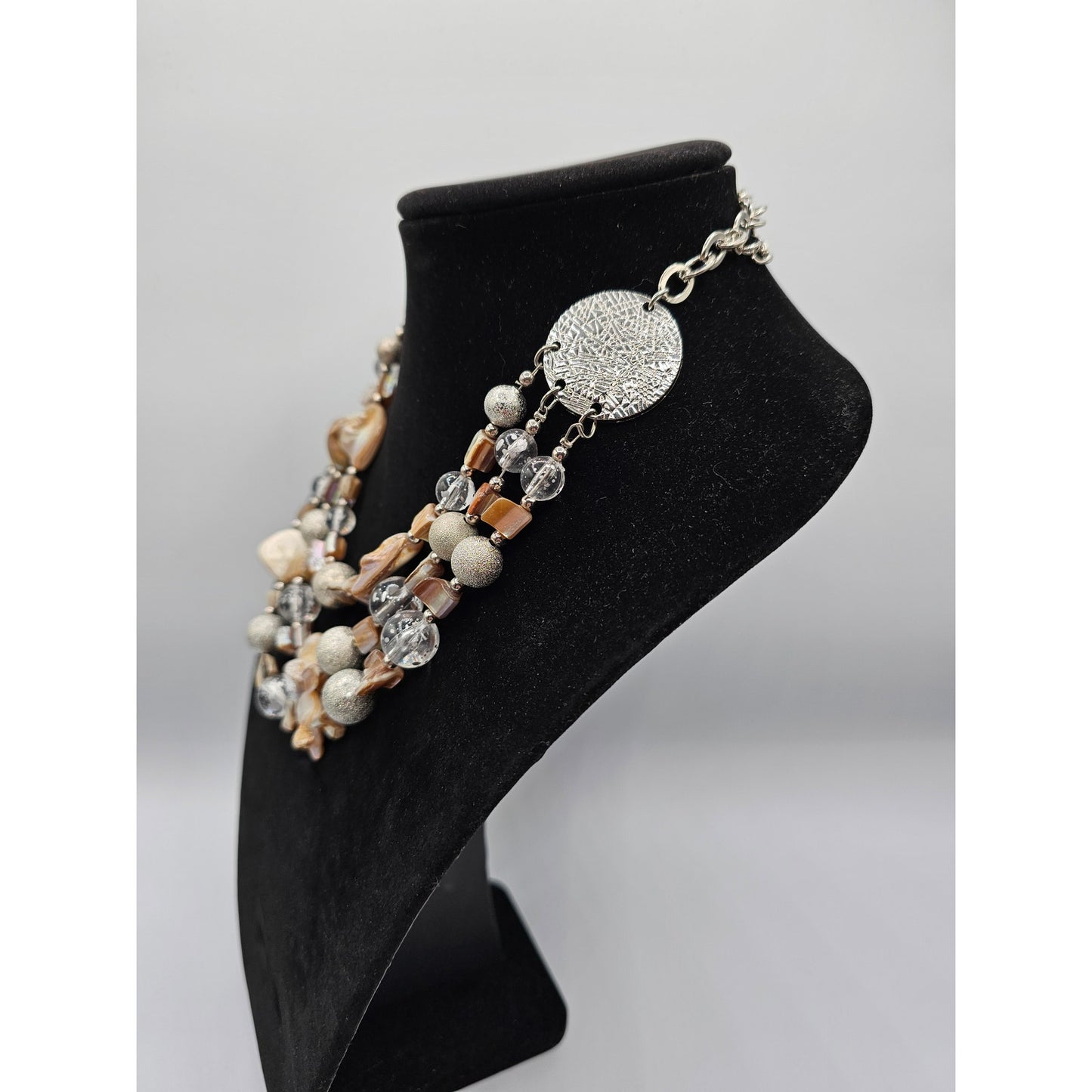 Vintage Statement Piece Stone Beaded Multi Strand Necklace Cream Silver