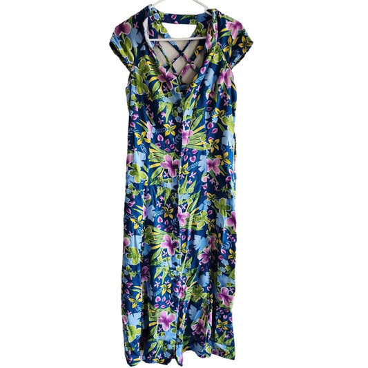 Vintage 1990s Spago Womens Sz 10 Midi Dress Strappy Back Colorful Floral