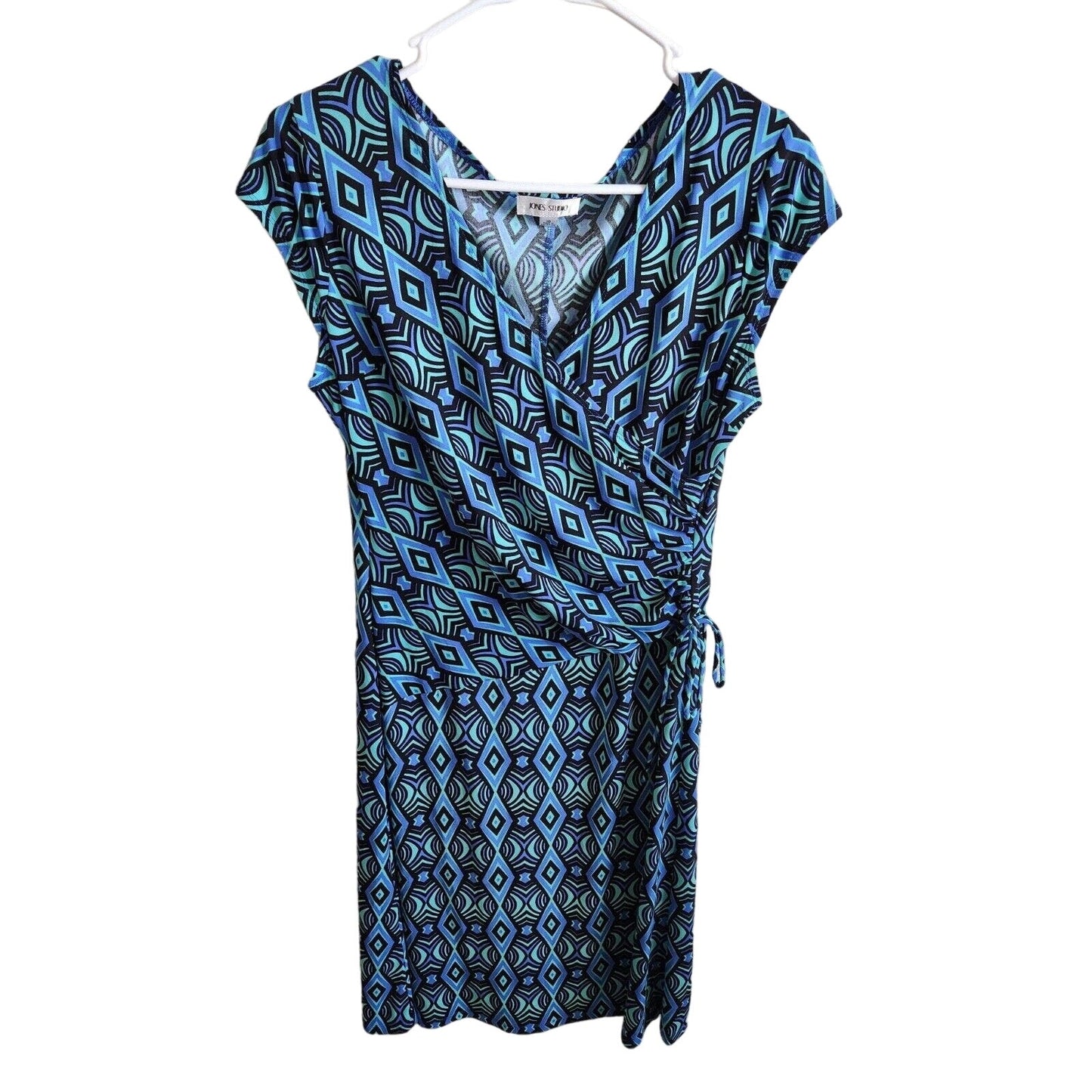Jones Studio Womens Sz 10 Midi Dress Blue Purple Geometric Faux Wrap