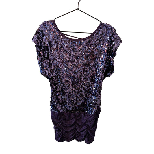 Vintage Forever 21 Womens Sz L Drop Waist Mini Dress Purple Full Sequin