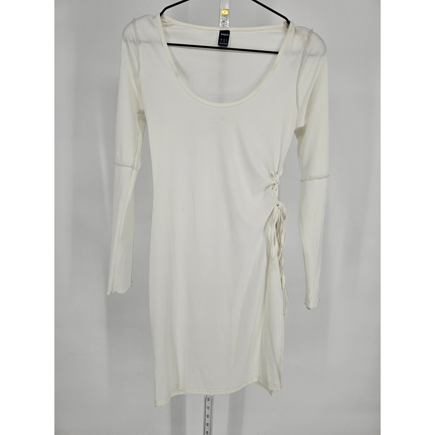 Shein Womens Sz S Long Sleeve Above Knee Dress White Ribbed Tie Side