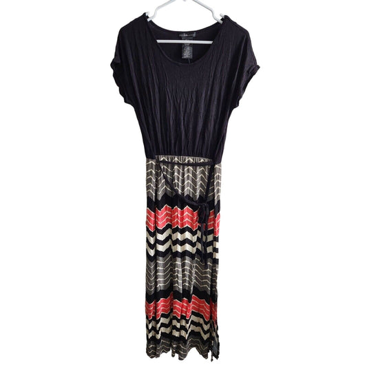 Design History Womens Sz M Short Sleeve Maxi Dress Black Chevron NEW