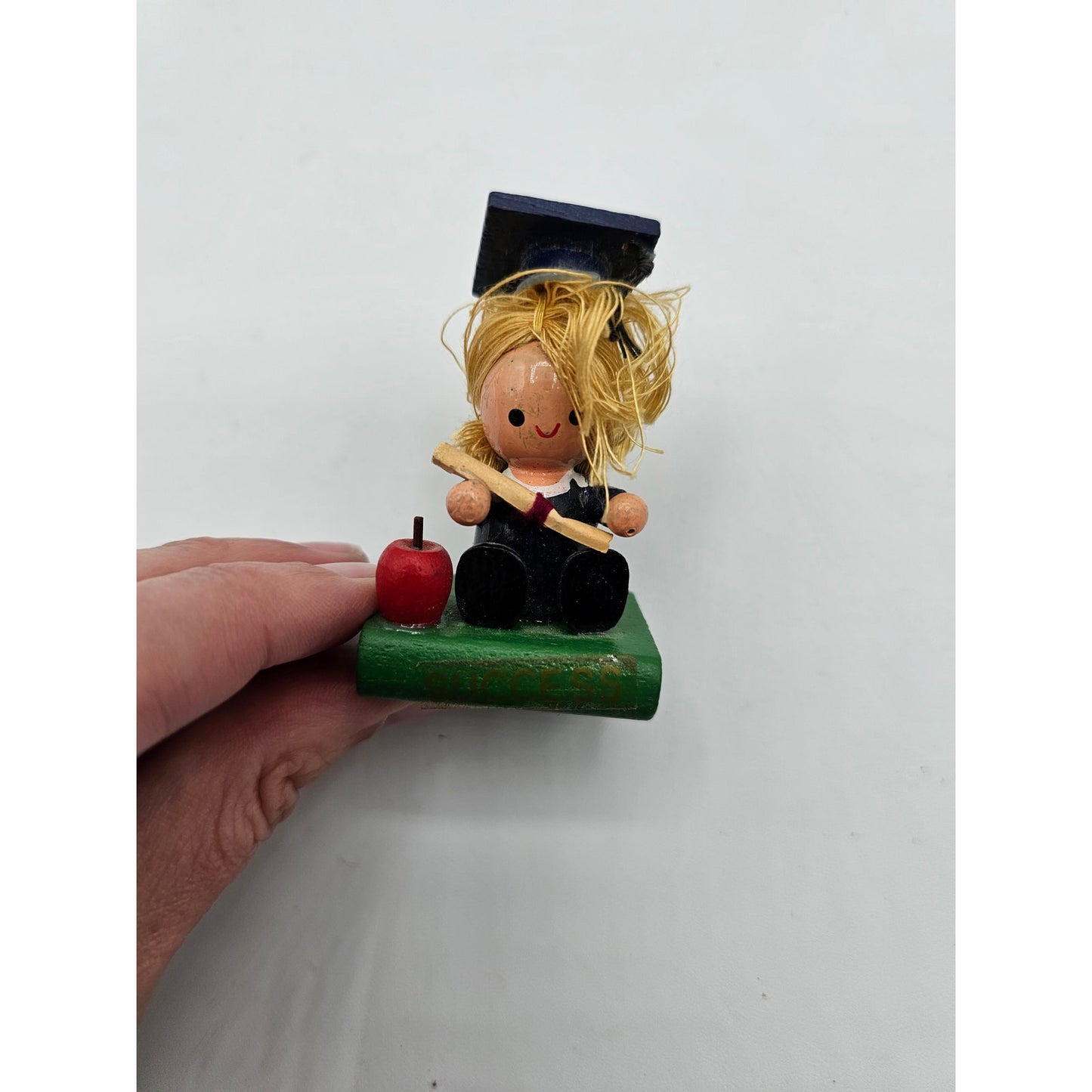 Vintage Miniature Wooden Wood Graduation Doll in Cap and Gown w/ Diploma