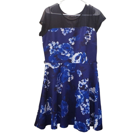 Pink Clove Womens Sz 10 Knee Length A Line Dress Blue Black Floral Mesh Top