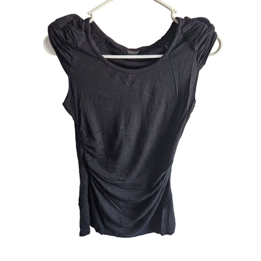 Ann Taylor Womens Sz M Solid Black Cotton T Shirt Ruffled Shoulder