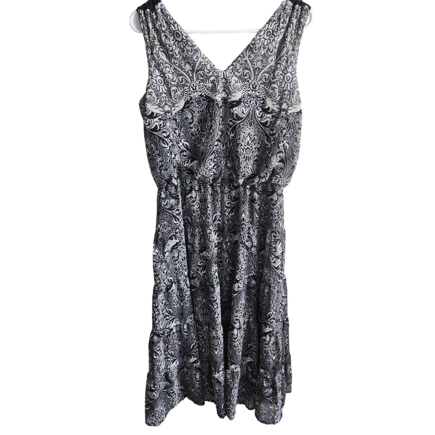 Perceptions Womens Sz 10P Petite Midi Dress Black White Print Sleeveless