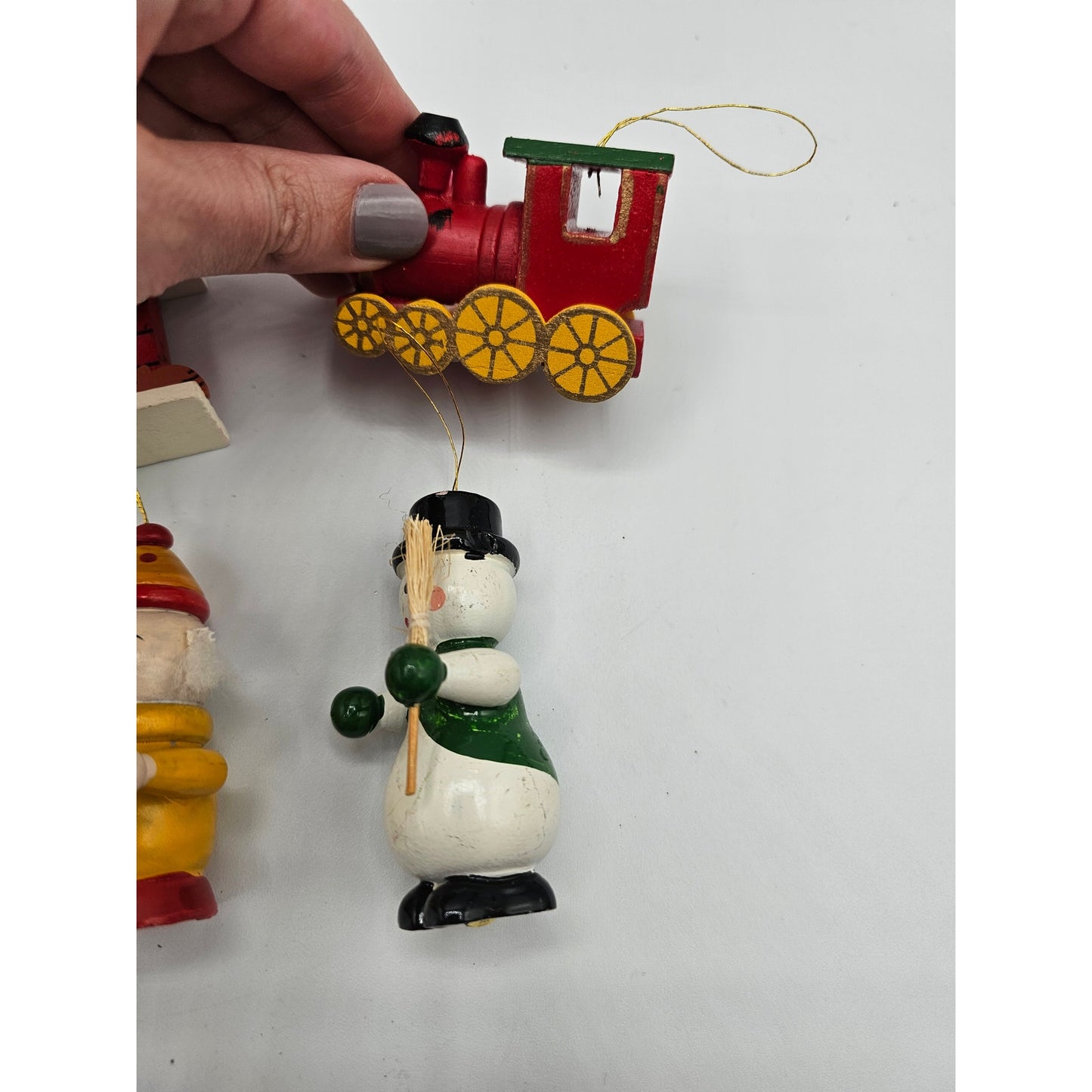 Lot of 5 Vintage Hand Painted Wooden Christas Ornaments Santa Train Snowman