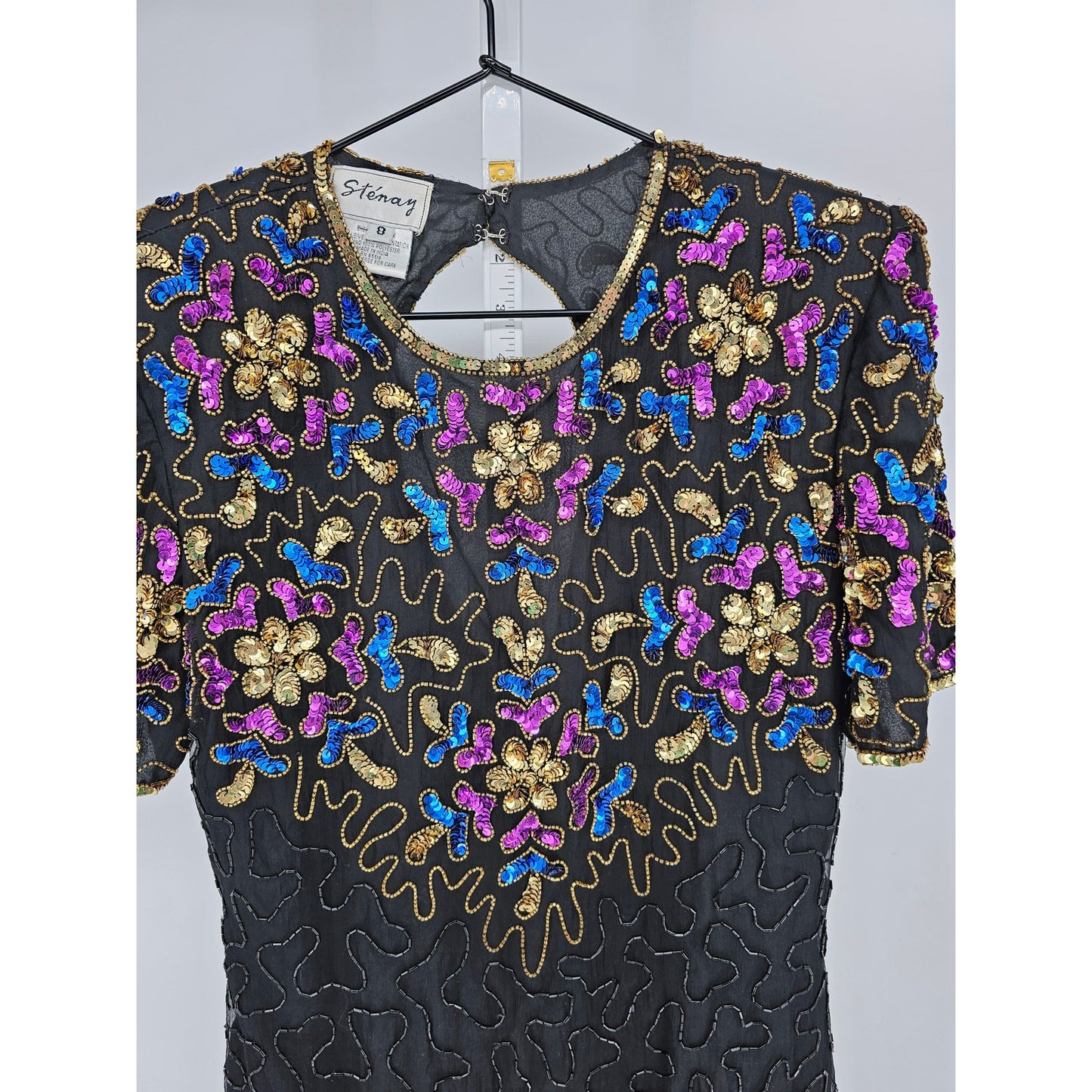 Stenay Womens Sz 8 100% Silk Fully Beaded Knee Length Dress Formal Black Floral