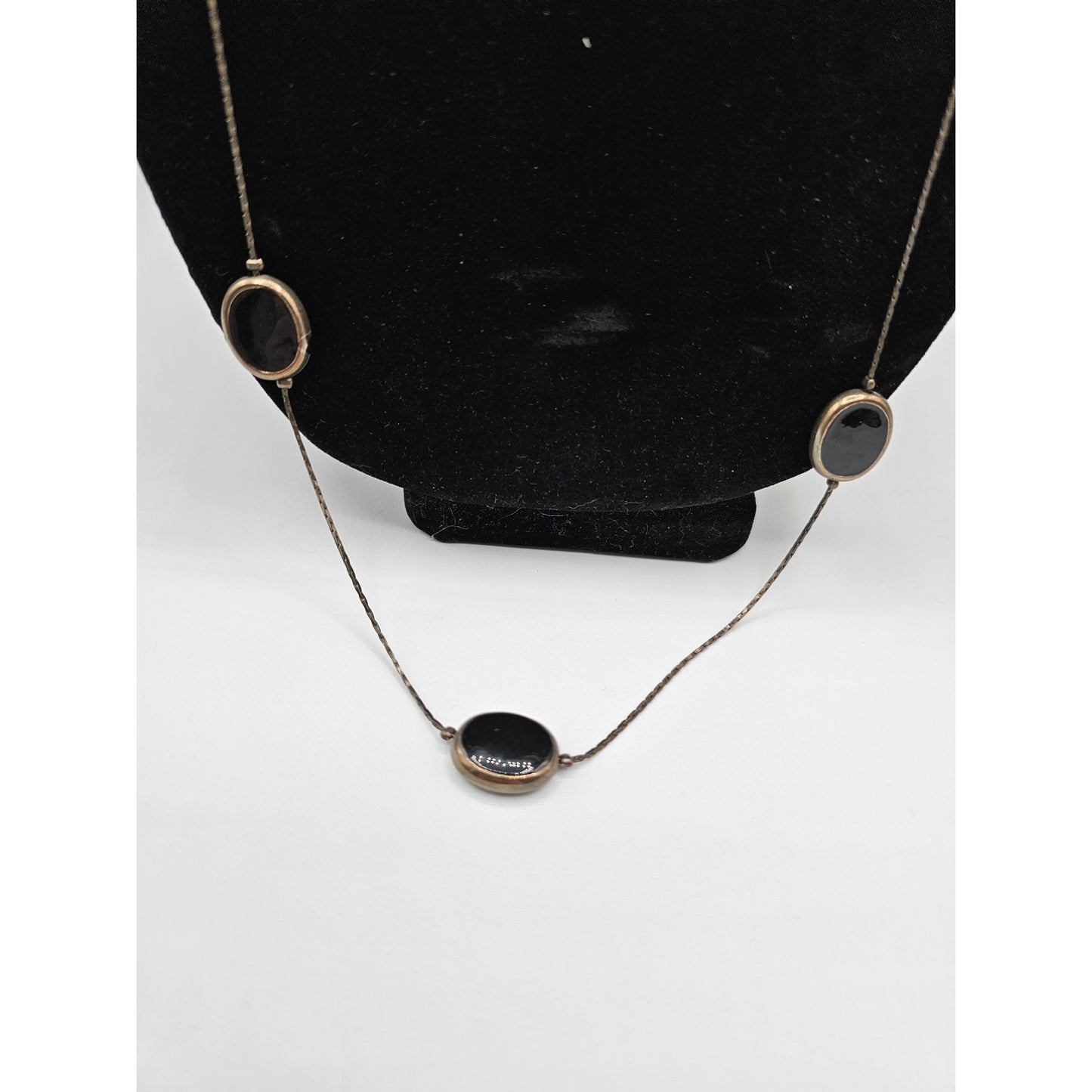 Vintage Silver Tone Long Strand Necklace Dainty Black Stone Accents