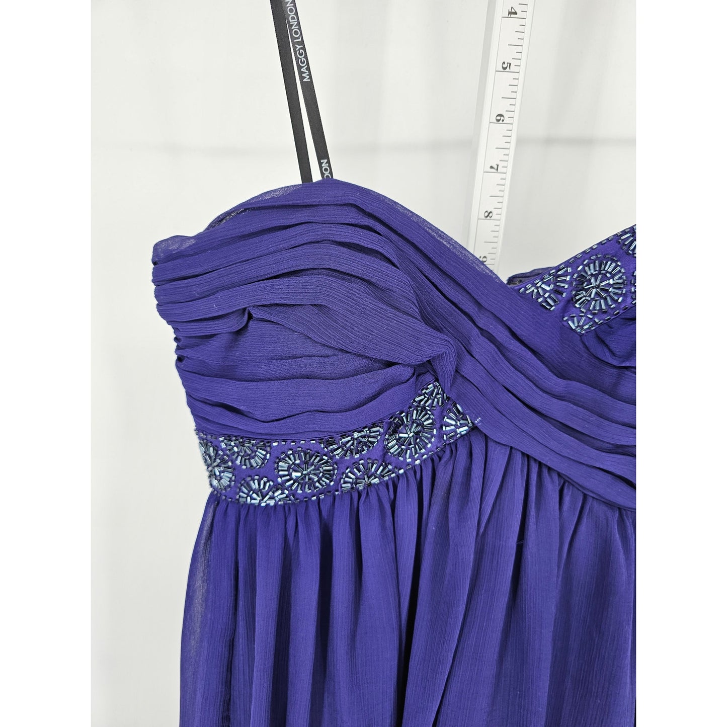 Maggy London Womens Sz 8 Strapless Formal Dress Chiffon Purple Beaded Top