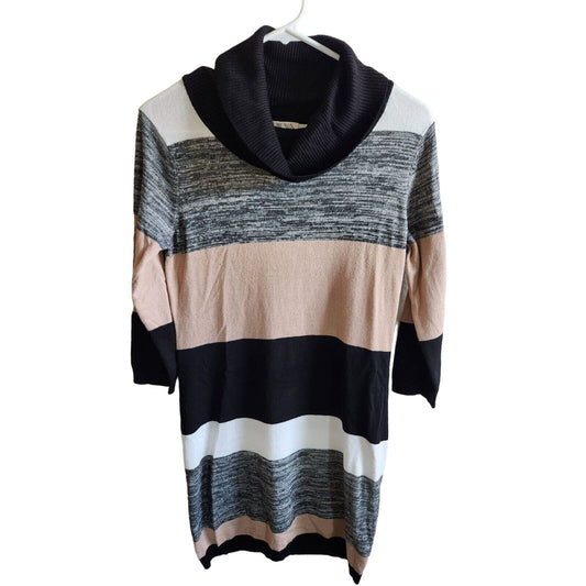 Pink Rose Womens Sz M Tunic Sweater Dress Cowl NEck Striped Pink Gray