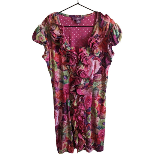 Argenti Womens Sz 8 Knee Length Floral Dress Ruffled Front