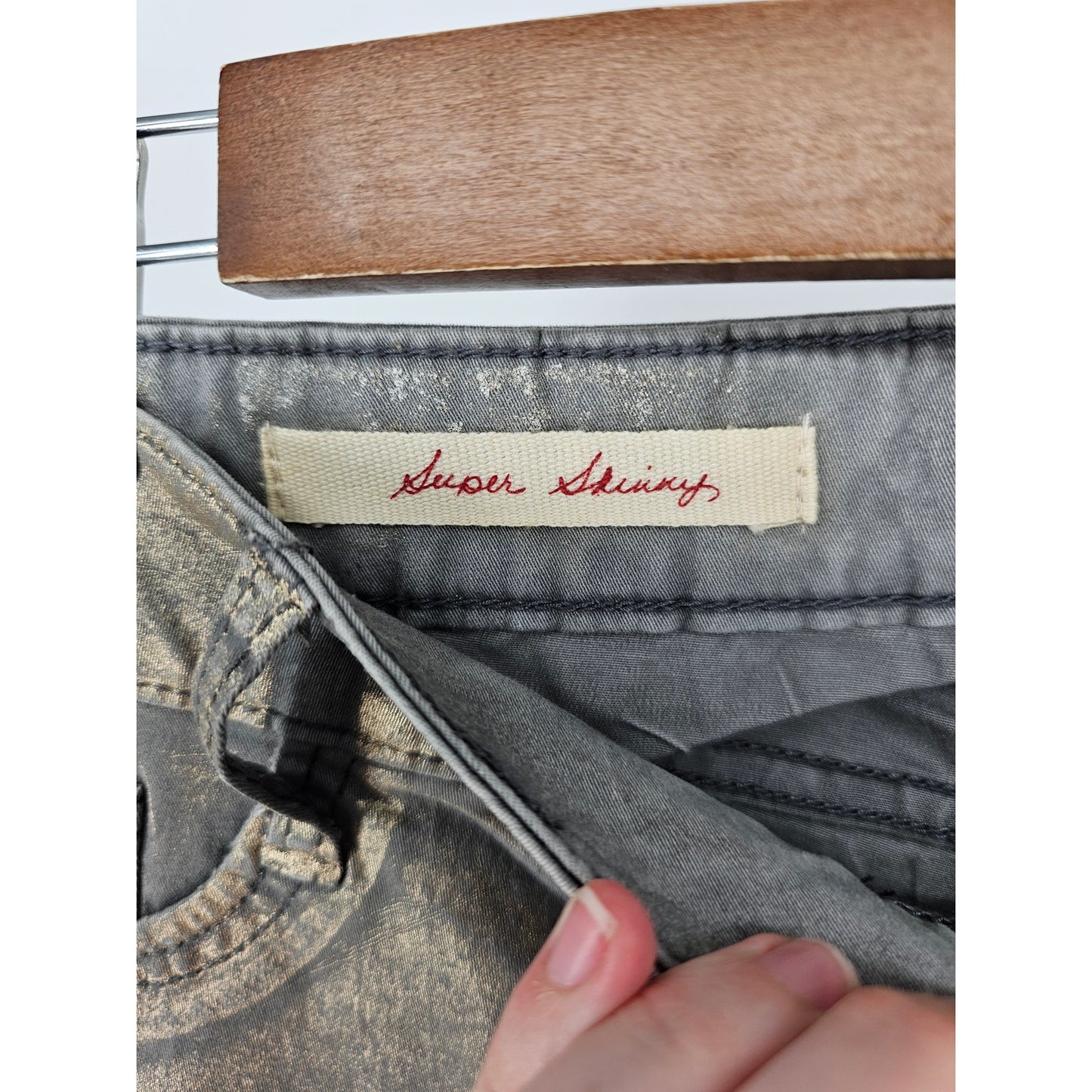 Decree Juniors Sz 13 Super Skinny Jeans Metallic Gold Gray Print Grunge