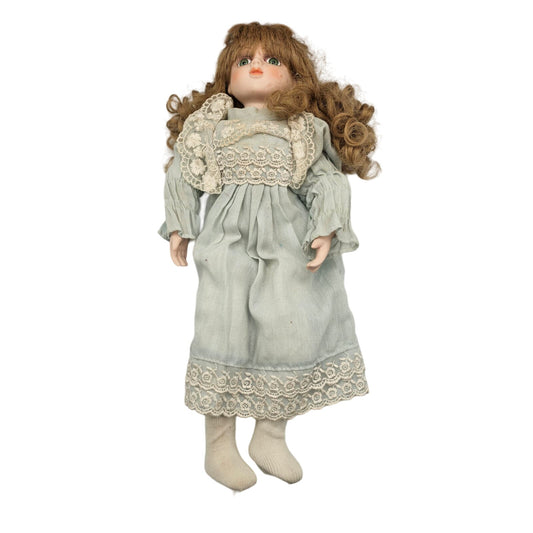 Vintage 1990s Porcelain Doll Girl Light Blue Dress Brown Hair Cloth Body