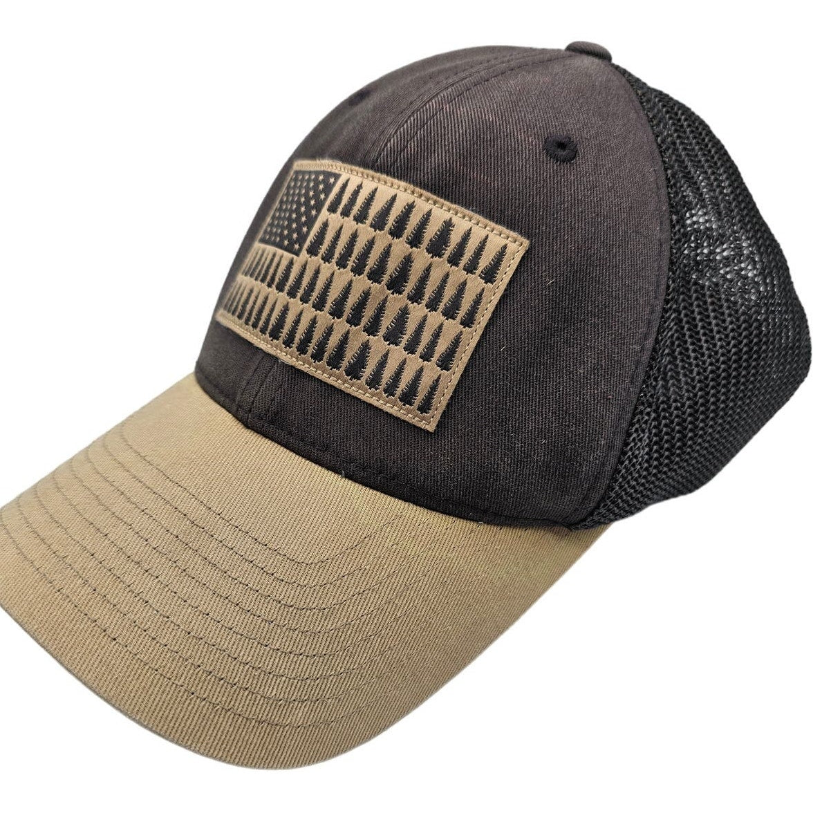 Columbia Rugged Outdoor Mesh Hat - American Flag Patch Sz M Flexfit Brown Tan