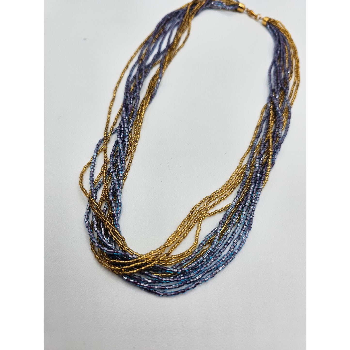 Vintage Multi Strand Seed Bead Necklace Gold and Blue 1980s