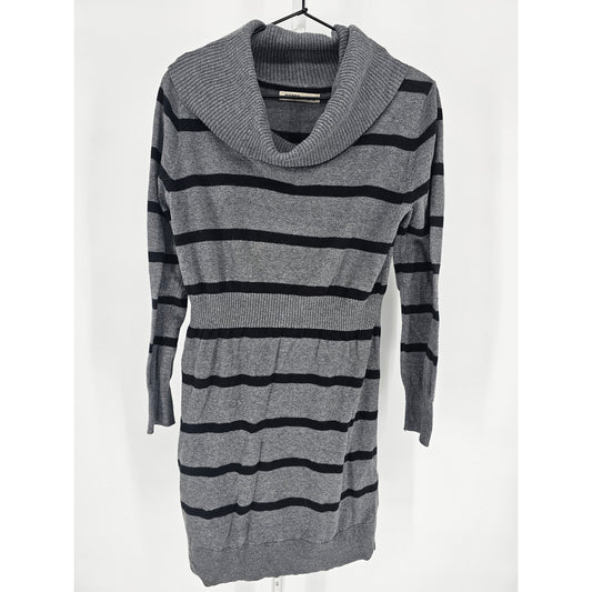 Old navy Womens Sz M Long Sleeve Cowl Neck Sweater Dress Black Gray Striped
