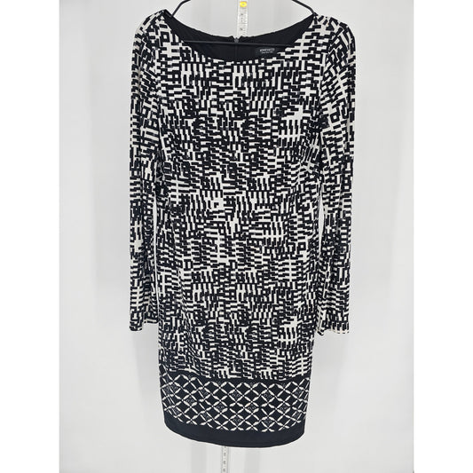 Jones New York Womens Sz 8 Knee Length Long Sleeve Dress Black White Abstract