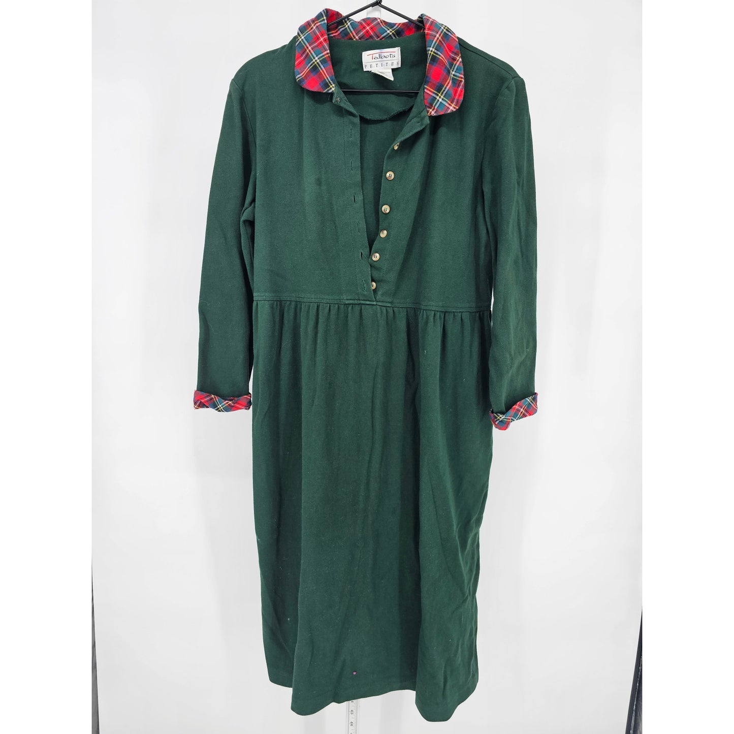 Vintage 1990s Talbots Womens Sz M Long Sleeve Maxi Cotton Dress Green Plaid Trim