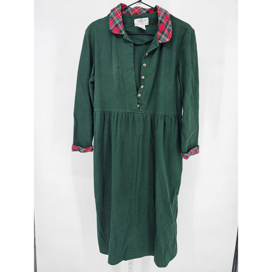 Vintage 1990s Talbots Womens Sz M Long Sleeve Maxi Cotton Dress Green Plaid Trim