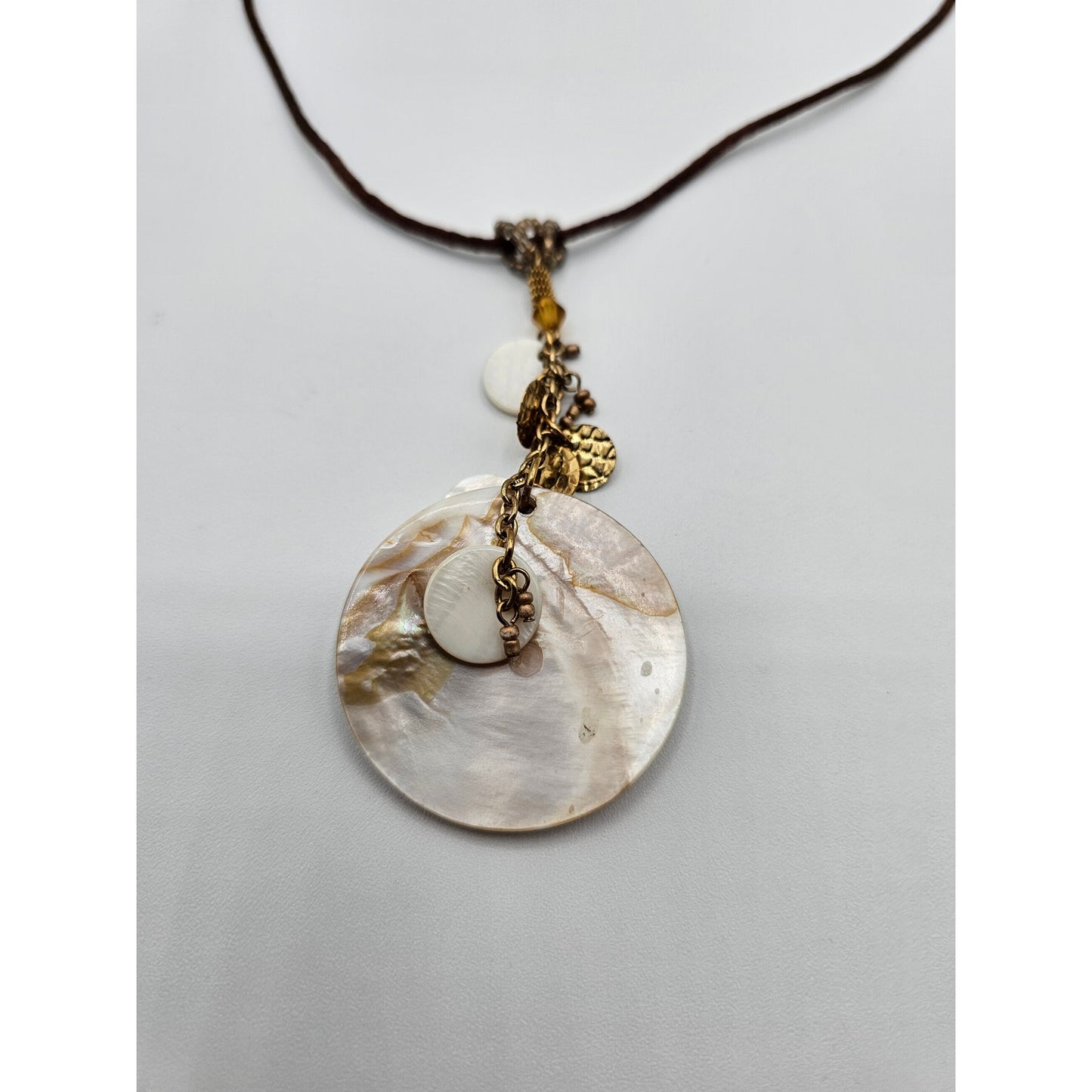 Chicos Rolled Leather Statement Pendant Necklace Mother of Pearl Nautical Boho
