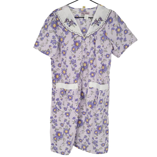 Vintage Lati Fashion Womens Sz M Purple Floral House Dress Nightgown Cotton