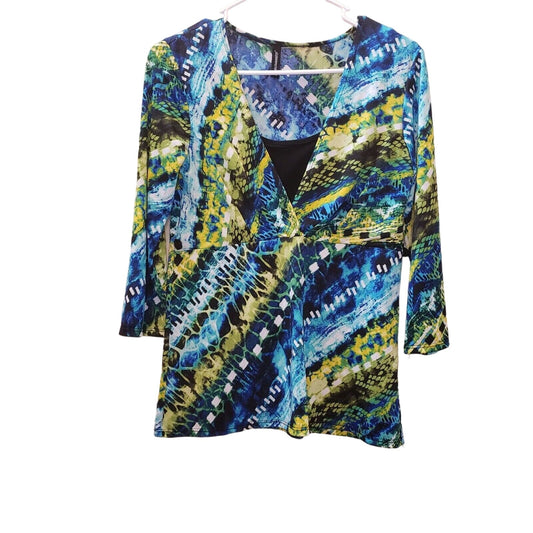 Jason Maxwell Womens Sz M Long Sleeve Blouse Blue Green Animal Print