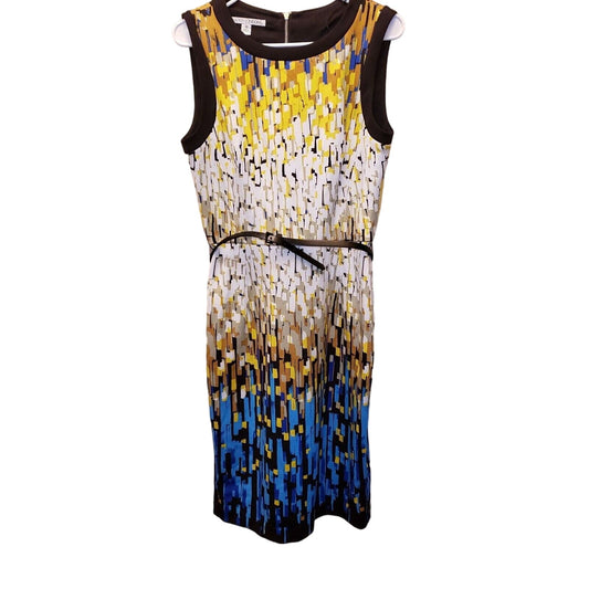 Maggy London Womens Sz 10 Knee Length Belted Career Dress Yellow Blue White