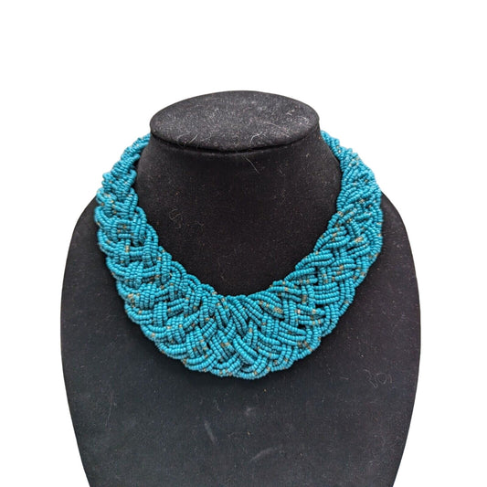 Vintage Multi Strand Braided Seed Bead Collar Statement Necklace Blue