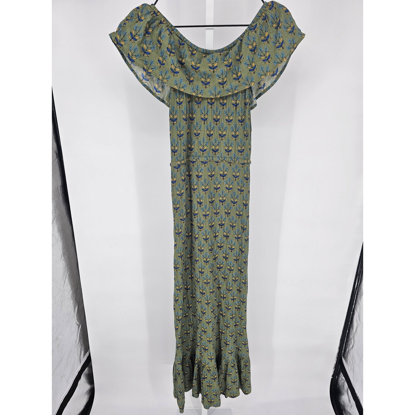 Style & co Womens Sz S Maxi Length Off Shoulder Boho Dress Dark Green Floral