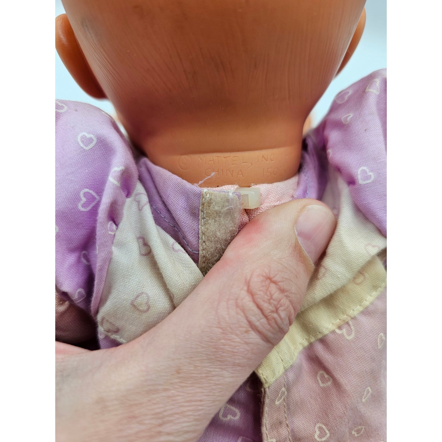Vintage 1999 Mattel Baby Doll Vinyl Cloth Purple Dress Grumpy Face