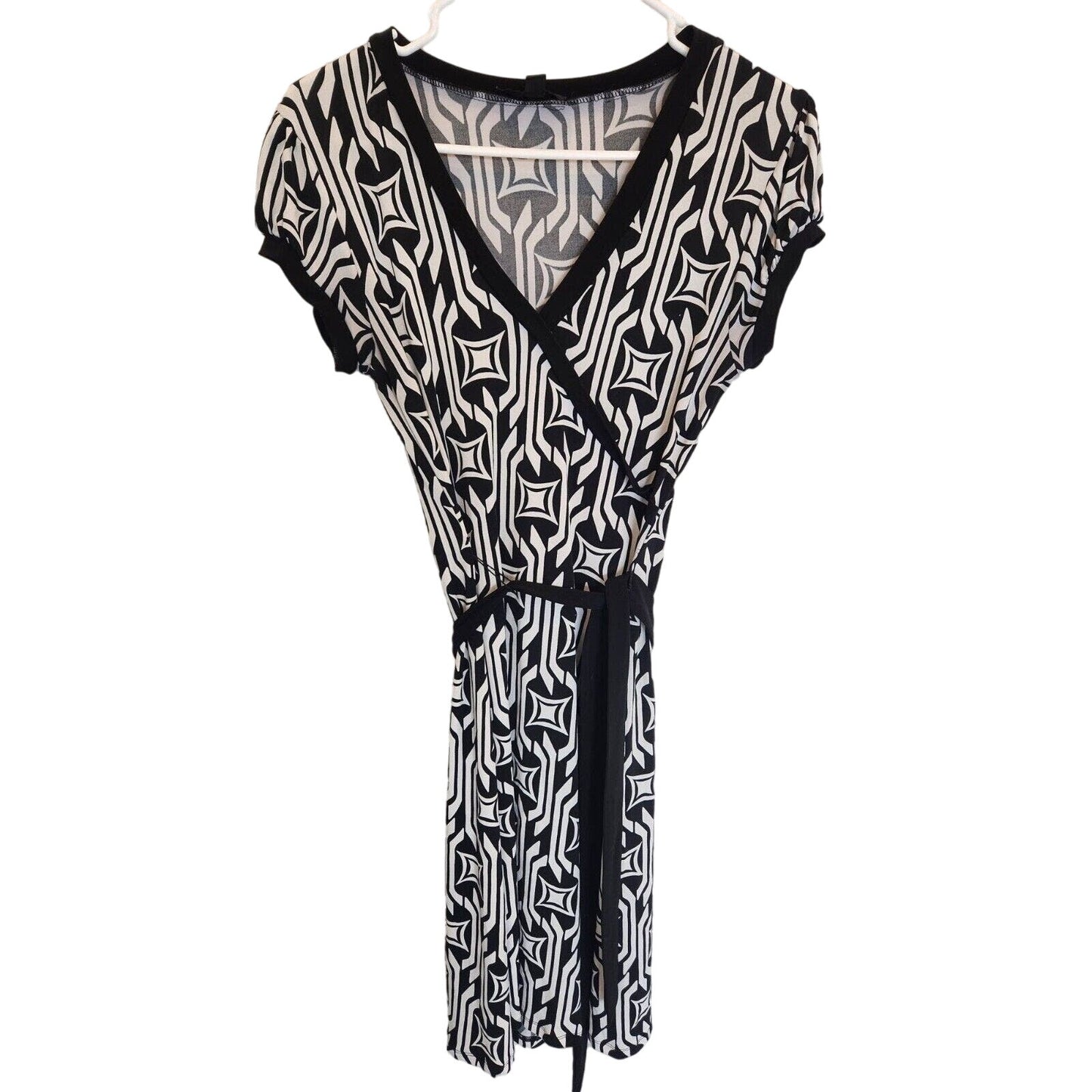 Vintage City Triangles Womens Sz M Knee Length Belted Dress Black White