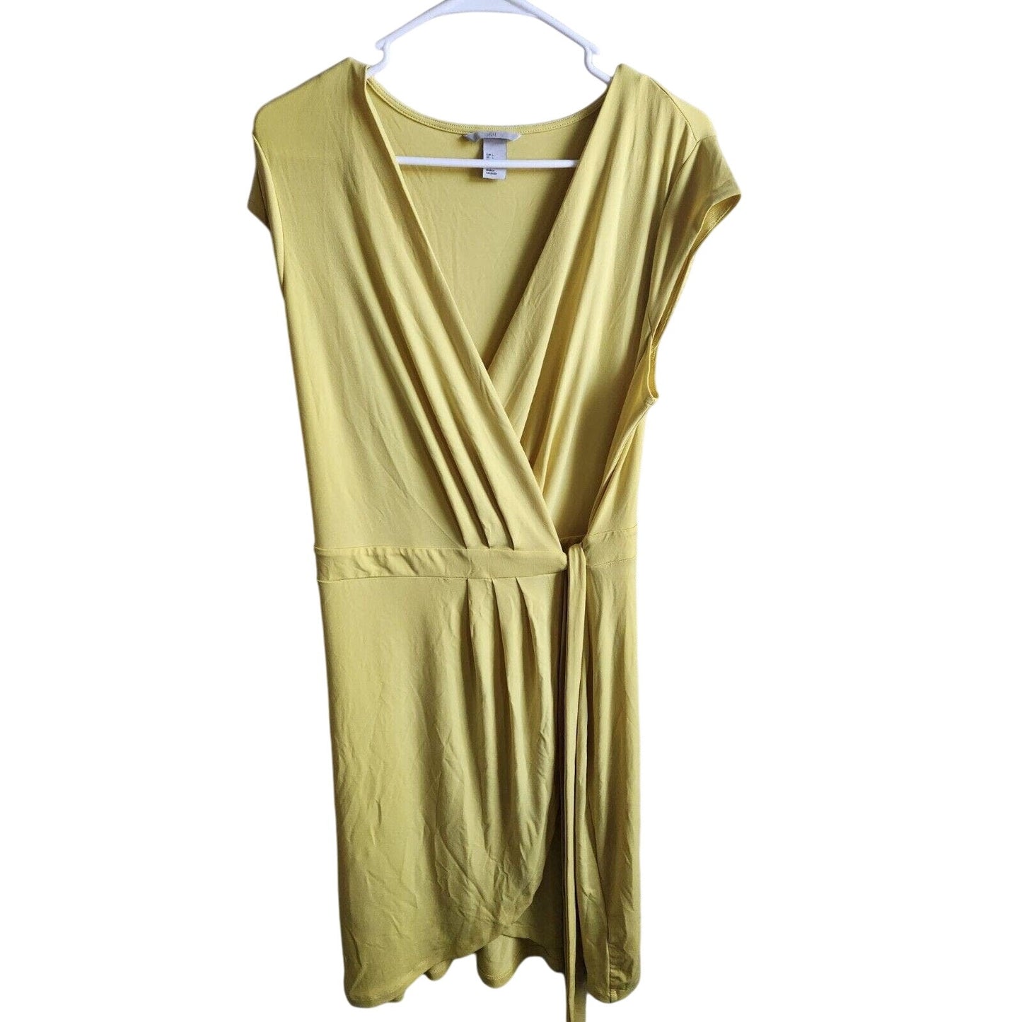 H&M Womens Sz L Light Yellow Wrap Style Dress Knee Length Short Sleeve