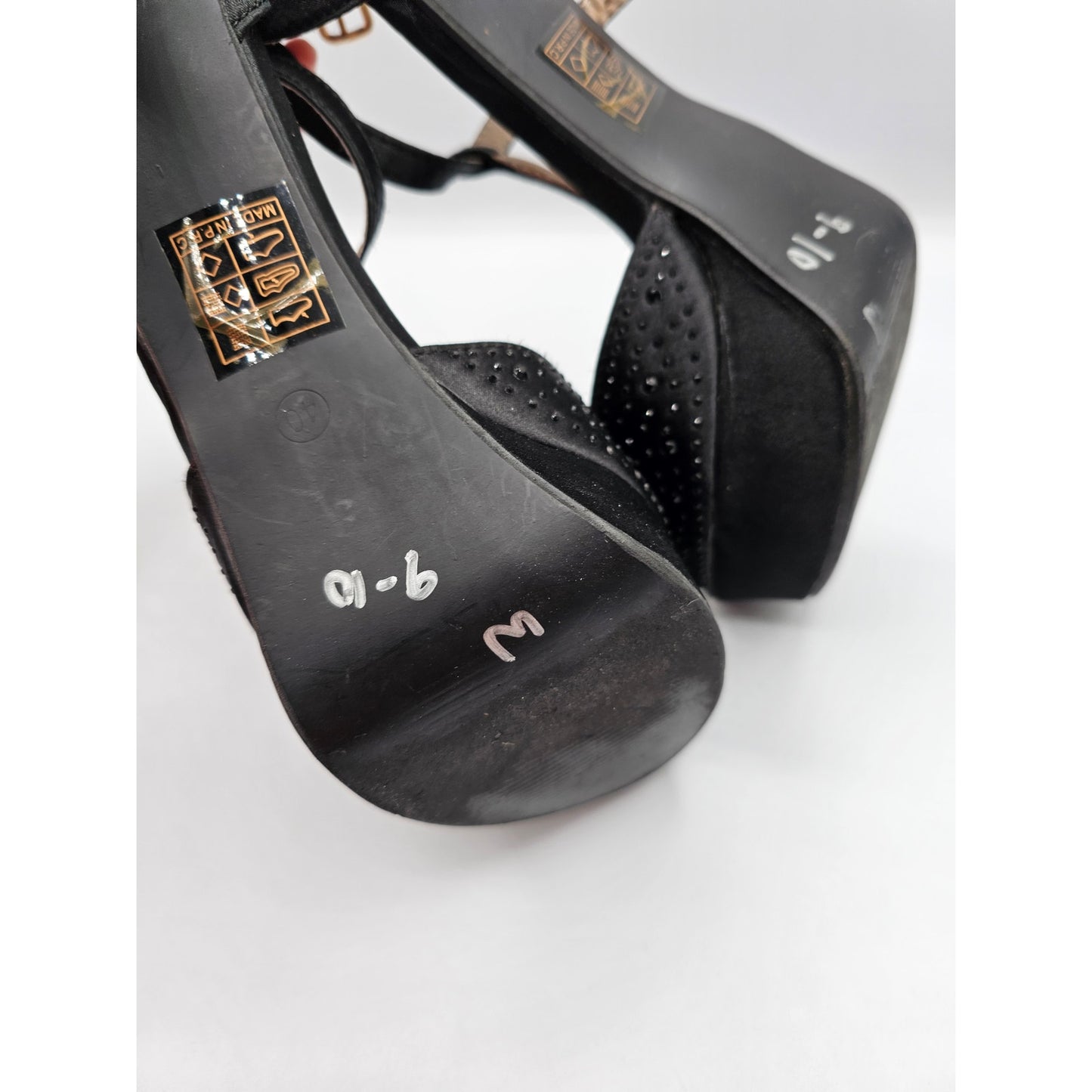 Womens Sz 40 US 9.5 Platform Peep Toe High Heels Black w/ Rhinestones