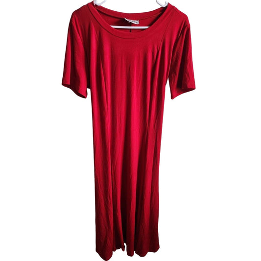 Vintage 1990s Periwinkle Womens Sz M Midi Dress Solid Red Short Sleeve