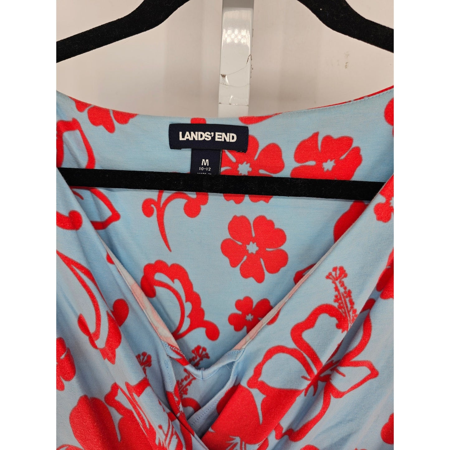 Lands End Womens Sz M Knee Length Sleeveless Dress Blue Red Tropical Floral