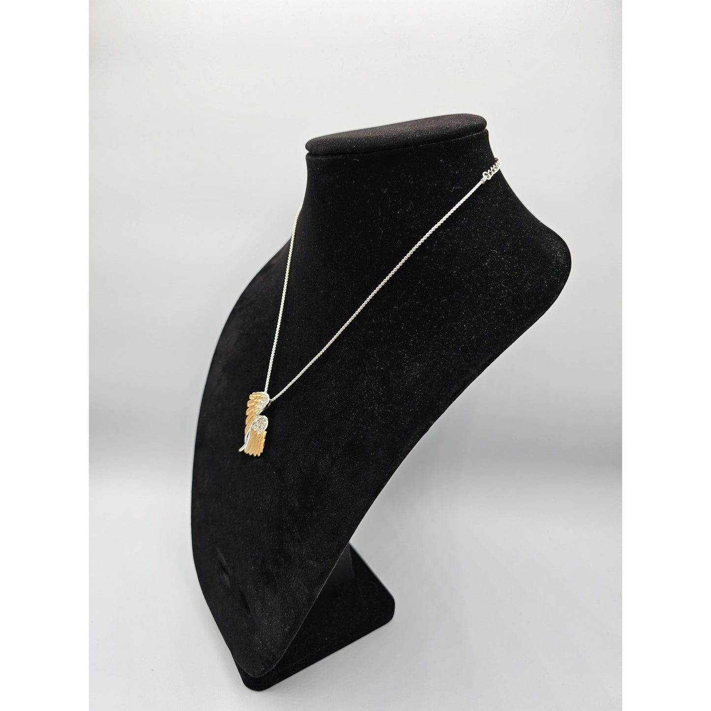 Vintage Y2K Pendant Necklace Silver Tone Gold Bird Wings Rhinestone Detail