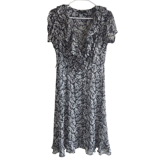 JBS Womens Sz 10 Mid Dress Black White Floral Ruffled Neckline