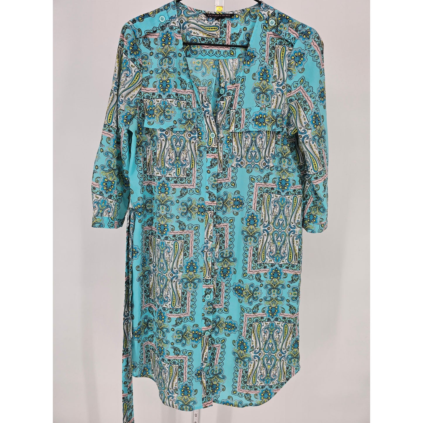 Victorias Secret Womens Sz S Belted Shirt Dress Blue Paisley Print Satin