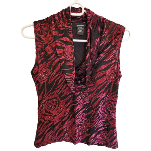 Vintage Y2K Express Womens Sz M Sleeveless Blouse Red Rose Zebra Print Scoop