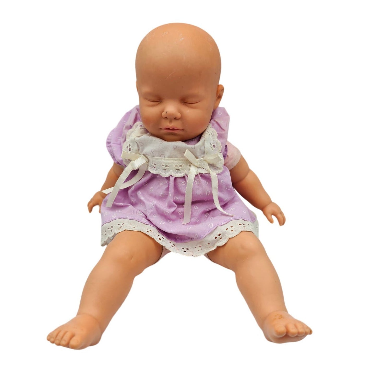 Vintage 1999 Mattel Baby Doll Vinyl Cloth Purple Dress Grumpy Face