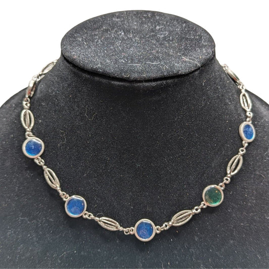 Vintage Y2K Silvertone Chain Necklace Blue Green Round Stones