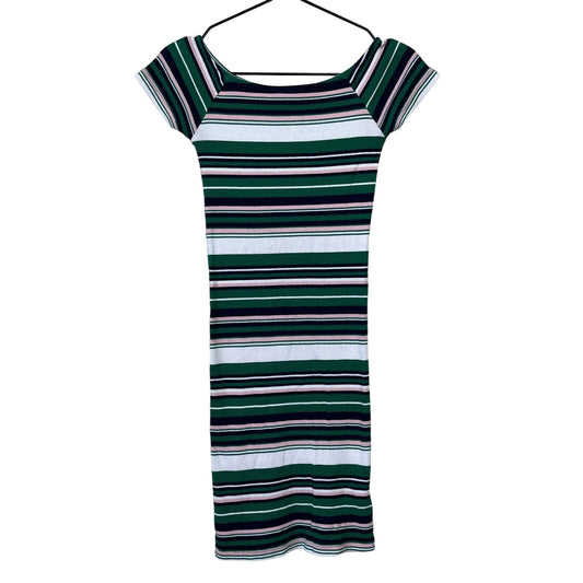 House Womens Sz XS Ribbed Shirt Dress Pink Green Striped Vintage Y2K