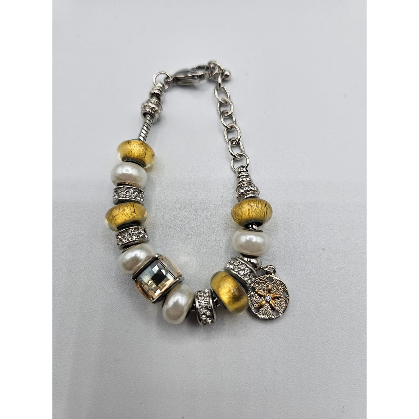 Vintage Y2K Charm Bracelet Beaded Silver Sand Dollar Yellow Rhinestones
