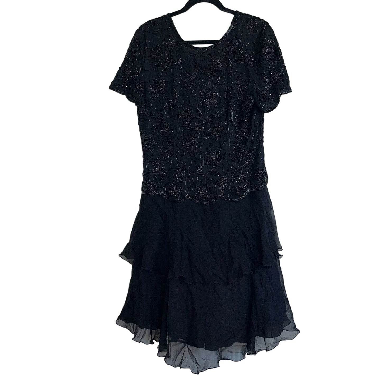 Laurence Kazar Womens PL Midi Dress Silk Fully Beaded Black Formal