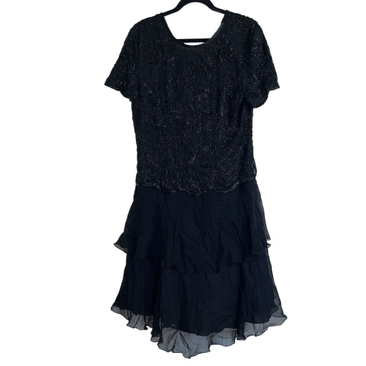 Laurence Kazar Womens PL Midi Dress Silk Fully Beaded Black Formal