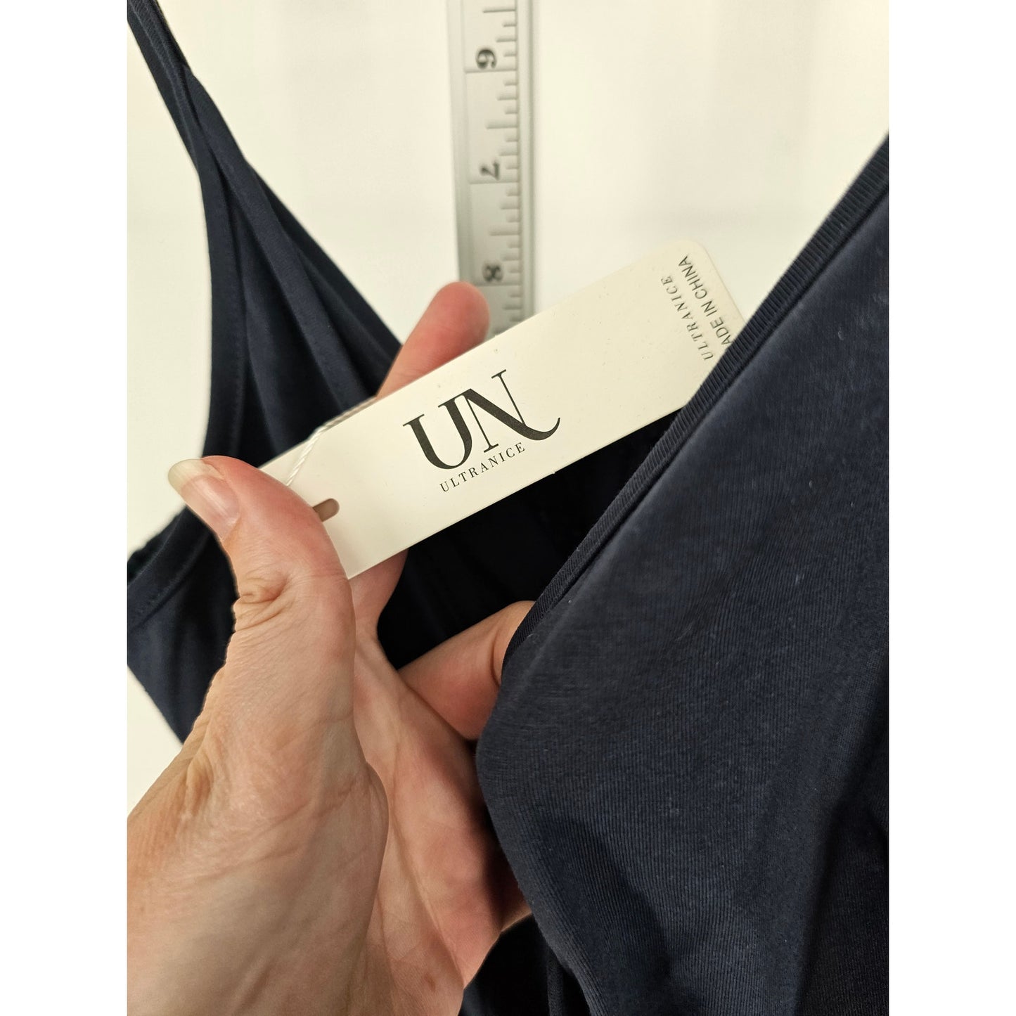 Ultranice Womens Sz M Faux Wrap Knee Length Dress Navy Blue Spaghetti Strap NEW